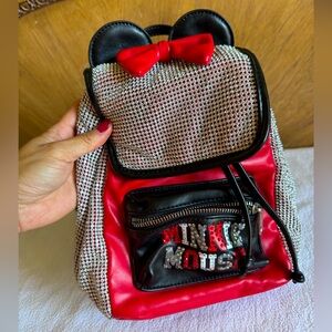 Disney Parks Minnie Mouse Sparkles Bling Red Black Silver Vinyl Small backpack